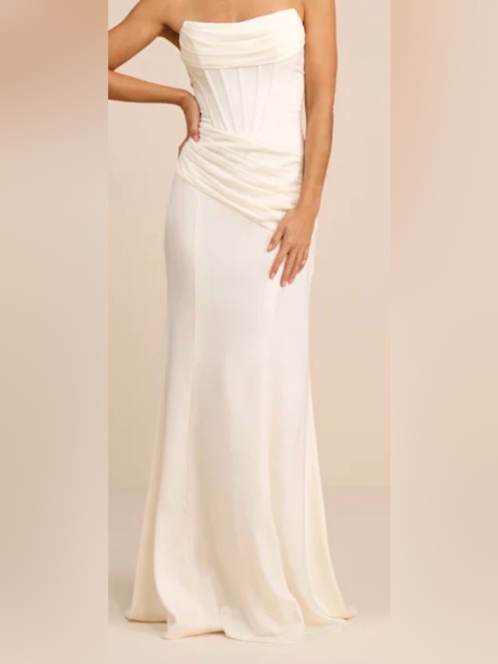 Lulu's White Satin Strapless Bustier Wedding Gown with Ruched Waist